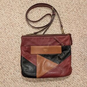Fossil Crossbody Bag Leather Patchwork Colorblock Maroon Tan Black Issue No 1954